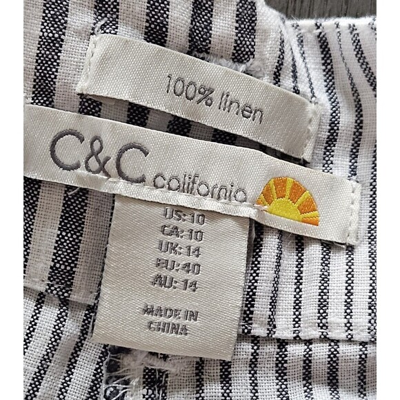 C & C California Linen Wide Leg Pants Size 10 Gray White Stripe Coastal Beach - Picture 3 of 7
